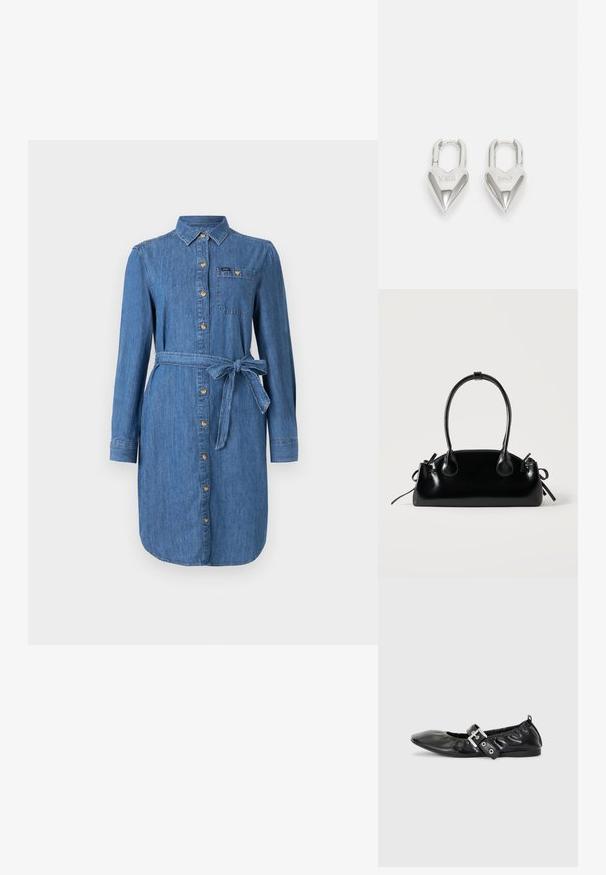 Vestido de camisa de denim con mangas largas, botones en el frente, bolsillo en el pecho y cinturón atado en la cintura en un lavado azul medio.; Zapato plano de piel negra con puntera afilada, detalle fruncido alrededor de la abertura y un acento de hebilla plateada en la correa ajustable.; Pequeño bolso negro brillante con dos asas largas y detalles de cordón lateral sobre un fondo claro liso.; Candados en forma de corazón de plata con inscripciones grabadas de "SÍ" y "NO", acabado pulido, diseño simétrico y un robusto cierre de metal.