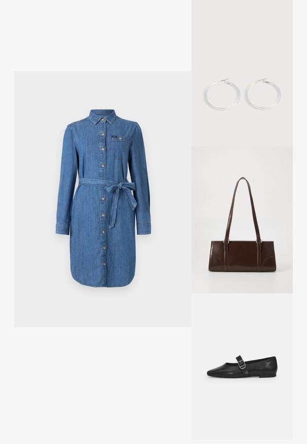 Vestido de camisa de denim con mangas largas, botones en el frente, bolsillo en el pecho y cinturón atado en la cintura en un lavado azul medio.; Zapato plano de cuero negro con punta redondeada, una sola correa ajustable con hebilla y una textura suave y brillante. Diseño minimalista con un tacón bajo.; Bolso de mano de piel sintética marrón con forma rectangular, dos asas largas y sutiles acentos curvados en la parte delantera.; Pareja de pendientes de aro plateados brillantes con cierres de alambre delgado, mostrados sobre un fondo gris claro.