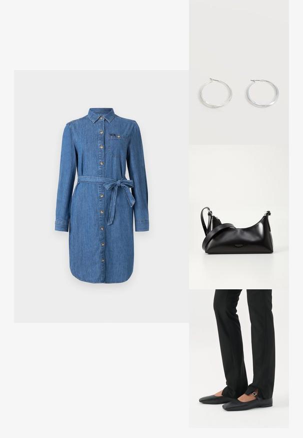 Vestido de camisa de denim con mangas largas, botones en el frente, bolsillo en el pecho y cinturón atado en la cintura en un lavado azul medio.; Piernas con pantalones ajustados negros con aberturas frontales en el dobladillo, combinados con zapatos planos Mary Jane negros con una pequeña correa con hebilla.; Bolso de mano de cuero negro con una textura suave. Cuenta con una correa ajustable y un diseño elegante y minimalista con cierre de cremallera.; Pendientes de aro de metal plateado con superficie lisa y ligeramente curvada y cierre de tipo mosquetón sobre un fondo blanco liso.