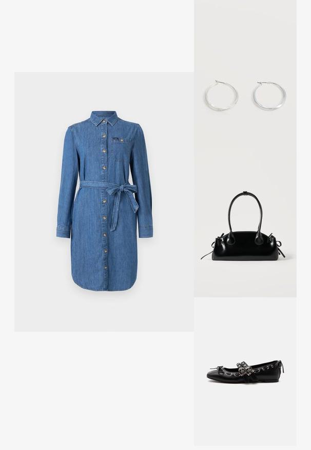 Vestido de camisa de denim con mangas largas, botones en el frente, bolsillo en el pecho y cinturón atado en la cintura en un lavado azul medio.; Zapato de ballet plano negro con correas de doble hebilla, ojales plateados y un pequeño lazo cerca de la puntera redondeada sobre un fondo blanco.; Pequeño bolso negro brillante con dos asas largas y detalles de cordón lateral sobre un fondo claro liso.; Pendientes de aro de metal plateado con superficie lisa y ligeramente curvada y cierre de tipo mosquetón sobre un fondo blanco liso.