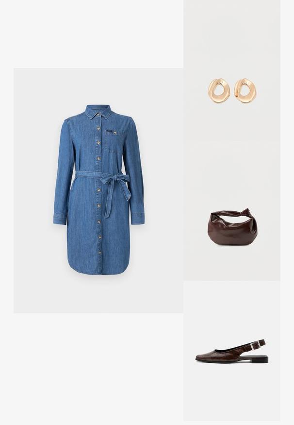 Denim shirtjurk met lange mouwen, knopen aan de voorkant, borstzak en een strikceintuur in medium blauwe wassing.; Donkerbruine leren slingback platte schoen met een vierkante neus, krokodillenstructuur en zilveren gesp op de band.; Donkerbruine leren schoudertas met een zachte, slungelige vorm en een gedraaide knoopvormige handgreep op een effen witte achtergrond.; Set van onregelmatig gevormde, gepolijste hoepel oorbellen van goudkleurig metaal met een open midden op een effen witte achtergrond.
