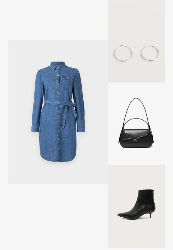 Denim skjortekjole med lange ærmer, frontknapper, brystlomme og knyttet taljebælte i medium blå vask.; Sort læder ankelstøvle med spids tå og lav kitten hæl på lys baggrund, der viser yderside.; Sort skuldertaske i læder med en buet klap, der er fastgjort med en rund metal spænde, og en slank, justerbar rem.; Sølvfarvede metaloorringe med glat, let buet overflade og låsemekanisme på en ensfarvet hvid baggrund.