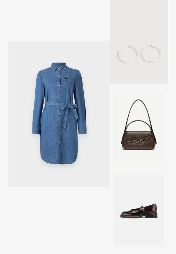Robe chemise en denim à manches longues, avec des boutons sur le devant, une poche poitrine et une ceinture nouée à la taille, en lavage bleu moyen.; Chaussure Mary Jane unique brillante couleur bordeaux foncé avec une large bride et une boucle argentée, talon bloc bas et bout arrondi sur fond blanc.; Sac à main en cuir brun foncé texturé avec deux anses, forme rectangulaire arrondie, et fermeture à bouton circulaire argenté sur le rabat avant.; Paire de boucles d'oreilles créoles argentées brillantes avec fermoirs en fil fin, présentée sur un fond gris clair.