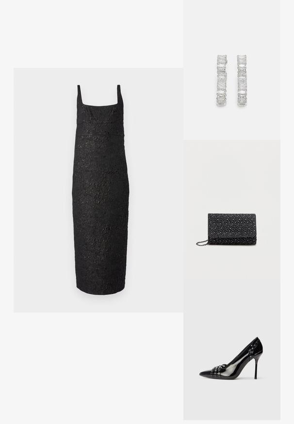 Vestido negro sin mangas con escote cuadrado, forma ajustada al cuerpo, tejido texturizado que se asemeja a la corteza y largo hasta la rodilla.; Zapato de tacón stiletto de charol negro con punta afilada, tres correas decorativas con tachuelas y la marca "Karl Lagerfeld" en el tacón.; Bolso de mano negro con solapa, hecho de material texturizado, adornado con tachuelas plateadas distribuidas uniformemente en la superficie. Cuenta con una correa de cadena.; Pendientes de plata con una fila de piedras rectangulares transparentes, dispuestas en una línea recta con un acabado pulido.