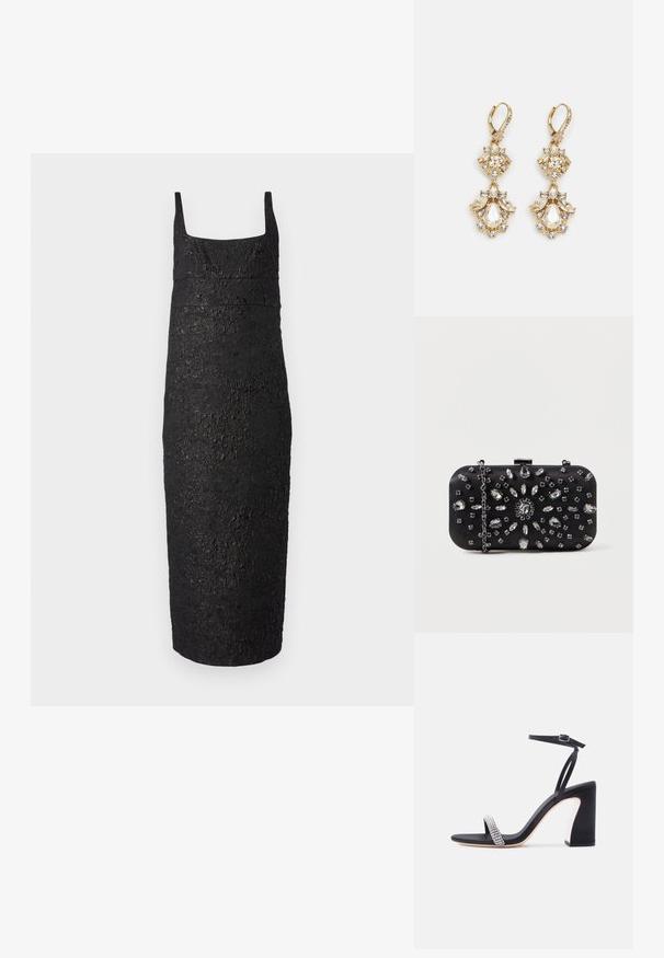 Zwart mouwloos jurkje met een vierkante halslijn, getailleerde pasvorm, textuur zoals schors, en een jurk die tot de knie reikt.; Zwarte sandaal met hoge hak, enkelbandje en een glinsterend rhinestone bandje over de tenen, op een witte achtergrond.; Zwarte clutch met een rechthoekige vorm, versierd met verschillende strass-steentjes in een bloemmotief, voorzien van een zilveren ketting voor het dragen.; Gouden hangoorbellen met een clusterontwerp, versierd met ronde en druppelvormige heldere kristallen, die zich kenmerken door ingewikkelde details.