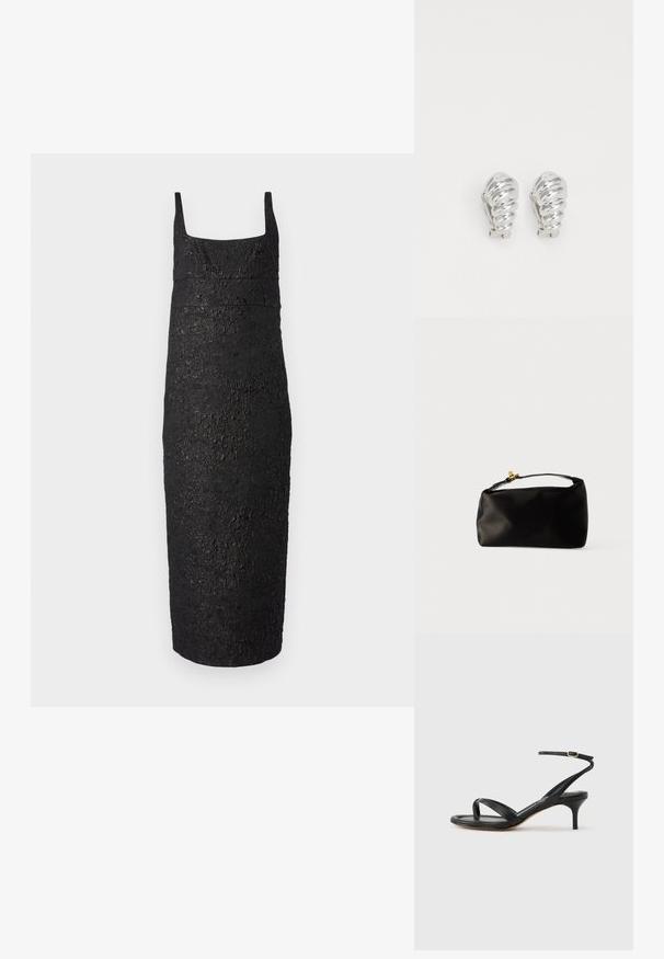Vestido negro sin mangas con escote cuadrado, forma ajustada al cuerpo, tejido texturizado que se asemeja a la corteza y largo hasta la rodilla.; Sandalia negra de cuero para mujer con tiras finas, un lazo para el dedo del pie, hebilla en el tobillo y tacón de aguja de altura media sobre un fondo neutro.; Bolsa de terciopelo negro con forma redondeada, un asa superior y un cierre de acento dorado. Textura suave con un diseño minimalista.; Pendientes de clip plateados con un diseño en espiral, que presentan una textura metálica suave y formas redondeadas. Sin adornos ni patrones visibles.