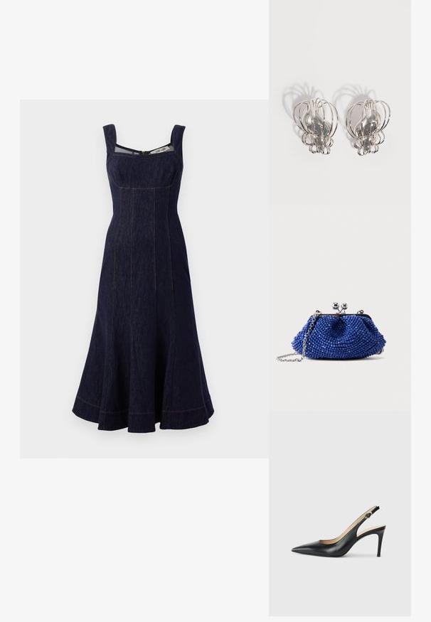 Navy denim jurk met een vierkante halslijn, brede banden, uitlopende rok tot op de knie en contrasterende stiksels. Ritsluiting aan de achterkant.; Zwarte leren slingback-hakken met een spitse neus, verstelbare band en een elegante stiletto-hak, met een gladde afwerking.; Kleine blauwe kralenclutch met zilveren sluiting en kettingriem, liggend op een effen lichtgrijze achtergrond.; Een paar zilveren metalen oorbellen met een open draadkooi-ontwerp en gladde centrale ovale vormen die gebogen schaduwen werpen op een witte achtergrond.