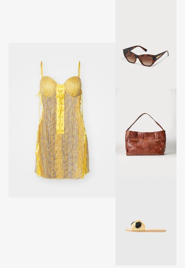 Robe jaune et grise avec un bustier ajusté, un devant à lacets et des liens sur les côtés. Présente un motif texturé et des bretelles fines et ajustables.; Sandale plate avec une tige en tissu jaune ornée d'accents floraux en perles noires, et une semelle en bois naturel. Détail de surface texturé.; Des lunettes de soleil en œil de chat avec une monture en écaille de tortue brillante, des verres dégradés marron et des détails dorés sur les branches.; Sac à main en cuir marron avec de larges lanières tissées et une seule bandoulière sur un fond clair uni.