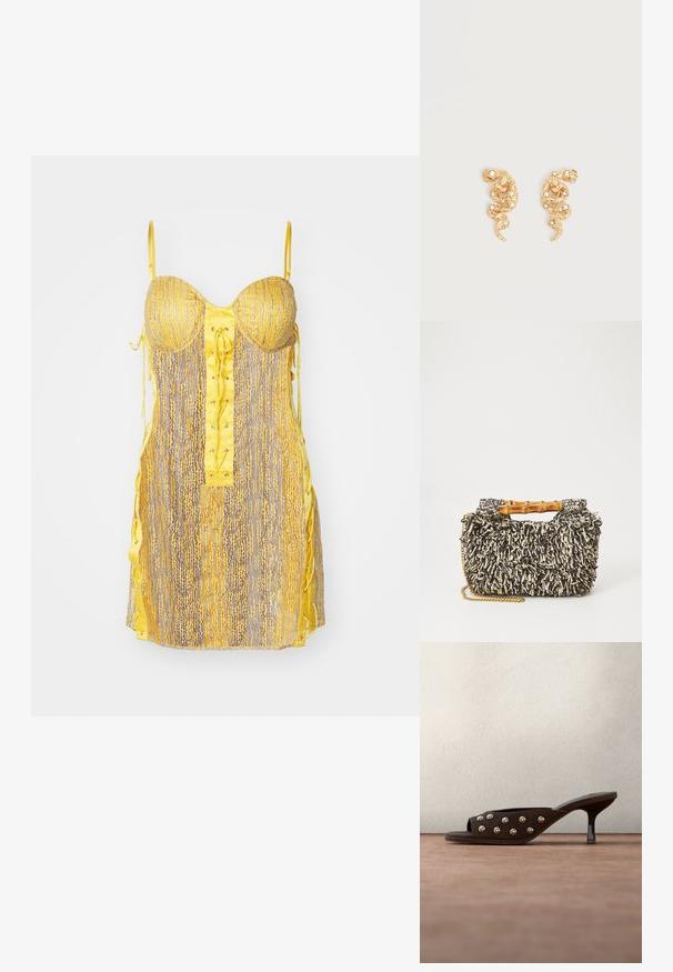 Geel en grijze jurk met een getailleerde lijfje, vetersluiting aan de voorkant en zijstrikken. Beschikt over een gestructureerd patroon en dunne, verstelbare bandjes.; Donkerbruine muil met hoge hakken en gouden studs op de band, zwevend boven een grijze vloer voor wazige groenachtige panelen.; Geweven tas met een gestructureerd zwart-en-crème patroon, bamboe handvat en een afneembare gouden kettingriem. Compacte rechthoekige vorm.; Oorringen in goudkleurige slangvorm, versierd met kleine heldere kristallen op een eenvoudige lichte achtergrond.