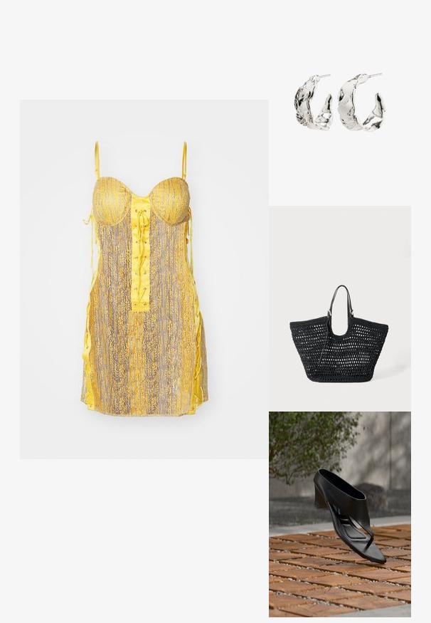 Gelbes und graues Kleid mit tailliertem Oberteil, Schnürung vorne und seitlichen Bändern. Es hat ein strukturiertes Muster und dünne, verstellbare Träger.; Schwarze High-Heeled Sandale mit Zehensteg, schwebend über einer gemusterten Holz- und Kiesaußenfläche mit verschwommenem Grün und Wand im Hintergrund.; Schwarze gewebte Tote-Tasche mit offenem Gewebemuster und zwei schlanken Griffen, vor weißem Hintergrund.; Silberne Creolen mit einem abstrakten, strukturierten Design. Sie verfügen über unregelmäßige Formen und eine polierte Oberfläche, die einzigartige Konturen zur Schau stellen.