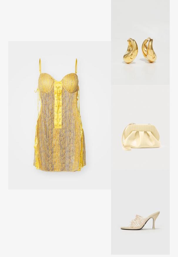 Gelbes und graues Kleid mit tailliertem Oberteil, Schnürung vorne und seitlichen Bändern. Es hat ein strukturiertes Muster und dünne, verstellbare Träger.; NEOUS AURIGA - Pantolette hoch - cream; Beige-farbene Leder-Clutch mit einem festen oberen Rahmen und einem Handgelenkriemen, präsentiert vor einem schlichten hellen Hintergrund.; Goldene Creolen mit einer glatten, geschwungenen Form und polierter Oberfläche. Mit einem Verschlussmechanismus und leichten Einkerbungen für Details.