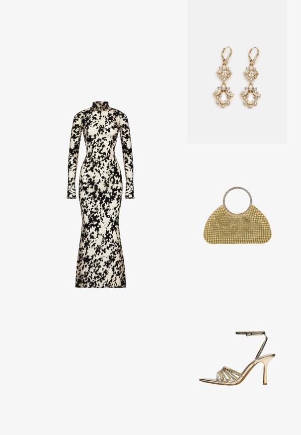 Langsleeve, getailleerde jurk van gladde stof, met een zwart en crème abstract patroon, een hoge hals en een uitlopende zoom.; Gouden hooggehakte sandaal met smalle bandjes, enkelgesp, open teen en slanke stilettohak op een witte achtergrond.; Gouden mesh avondclutch met groot rond metalen handvat versierd met kristallen, gestructureerde trapeziumvorm en glinsterende details.; Gouden hangoorbellen met een clusterontwerp, versierd met ronde en druppelvormige heldere kristallen, die zich kenmerken door ingewikkelde details.