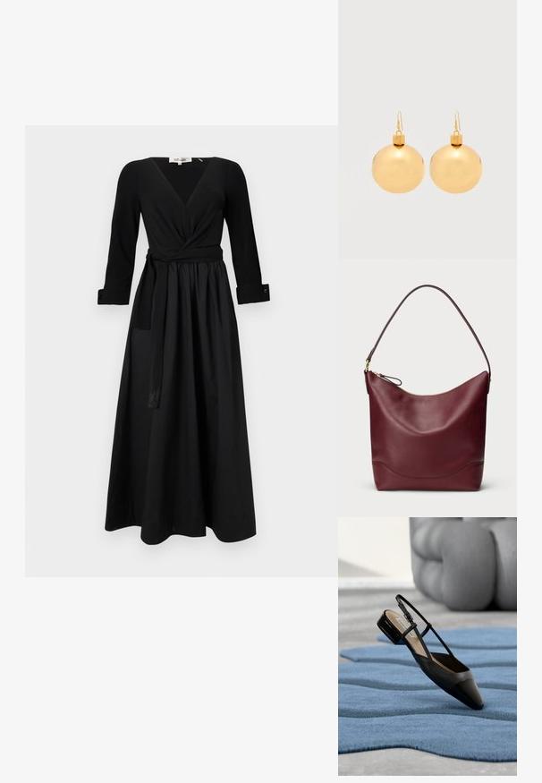 Schwarz langes Kleid mit V-Ausschnitt, langen Ärmeln und gebundenem Taillengürtel. Hergestellt aus glattem Stoff mit einem voluminösen Rock und geknöpften Ärmeln.; Schwarzer Slingback-Schuh aus Lackleder mit niedrigem Blockabsatz, der auf einem strukturierten blauen wellenförmigen Teppich und grauen gepolsterten Möbeln ruht.; Bordeauxrotes Lederschultertasche mit einer gewölbten Oberseite, goldfarbenem Reißverschluss und einem einzigen dunklen Tragegurt. Sie zeichnet sich durch eine glatte, weiche Textur und ein minimalistisches Design aus.; Paar glänzende goldene Weihnachtskugel-Ohrringe mit Hakenverschlüssen auf einfachem weißem Hintergrund.