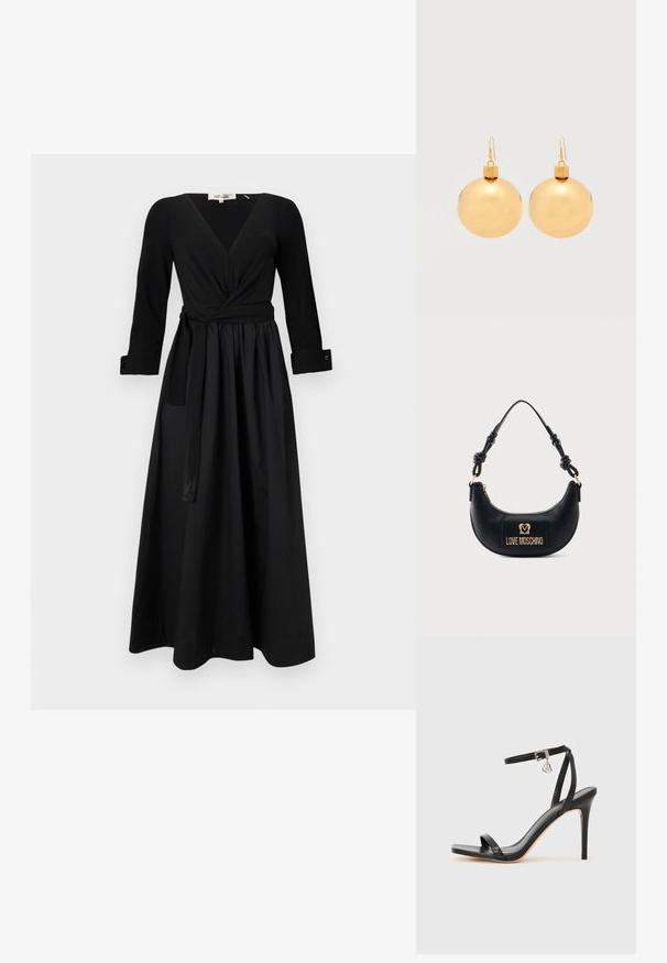 Robe longue noire avec un décolleté en V, des manches longues et une ceinture nouée. Fabriquée en tissu lisse avec une jupe évasée et des manches à poignet.; Sandale à talon haut noire avec une bride étroite à la cheville, bout carré, cuir lisse et accent de boucle métallique.; Sac à main noir demi-lune avec poignée nouée et plaque logo dorée "Love Moschino" sur le devant, fermeture éclair en haut.; Paire de boucles d'oreilles boule de Noël dorées brillantes avec fermoirs à crochet sur fond blanc uni.