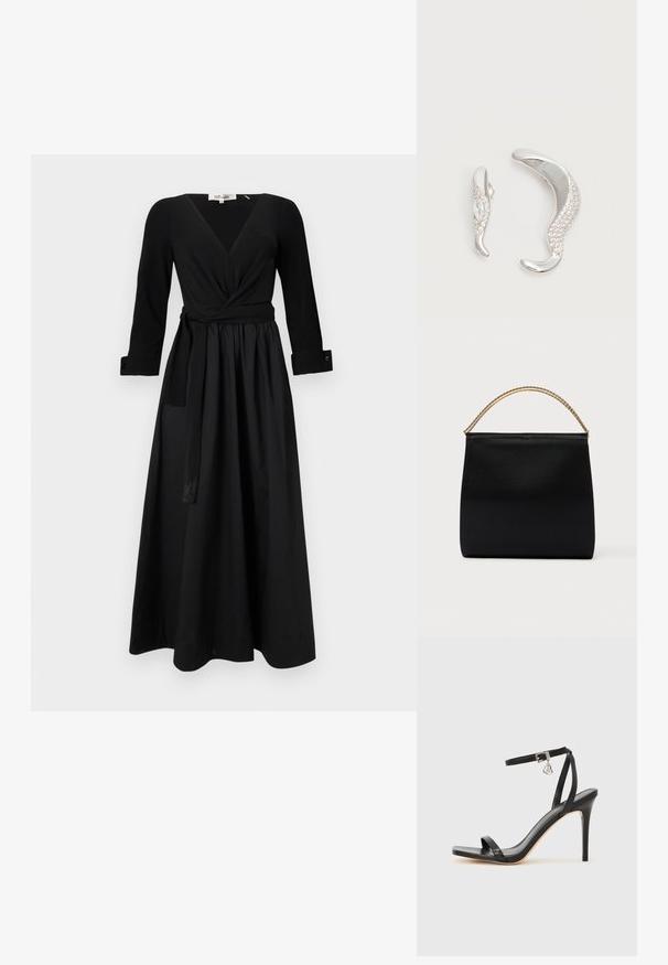 Zwarte lange jurk met een V-hals, lange mouwen en een gestrikte tailleband. Gemaakt van zachte stof met een volle rok en manchetten.; Zwarte sandaal met hoge hak, smalle enkelband, vierkante neus, soepel leermateriaal en metalen gespsluiting.; Zwarte tas van gladde stof met een gestructureerde vorm, een handvat van gouden ketting en een minimalistisch geometrisch ontwerp.; Twee gebogen zilveren oorbellen, de één groter dan de ander, beide versierd met kleine fonkelende kristallen langs één rand.