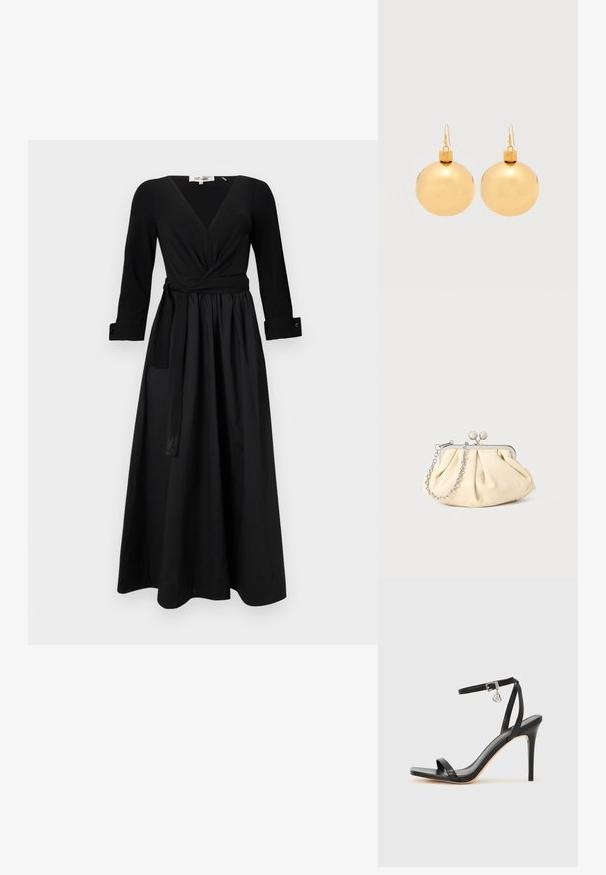Schwarz langes Kleid mit V-Ausschnitt, langen Ärmeln und gebundenem Taillengürtel. Hergestellt aus glattem Stoff mit einem voluminösen Rock und geknöpften Ärmeln.; Schwarze High-Heel-Sandale mit schmalem Knöchelriemen, quadratischer Zehenbox, glattem Leder und metallischem Schnallenakzent.; Faltige beigefarbene Ledertasche mit einem silbernen Metallrahmen, ausgestattet mit zwei runden dekorativen Verschlüssen und einem silbernen Kettenriemen.; Paar glänzende goldene Weihnachtskugel-Ohrringe mit Hakenverschlüssen auf einfachem weißem Hintergrund.