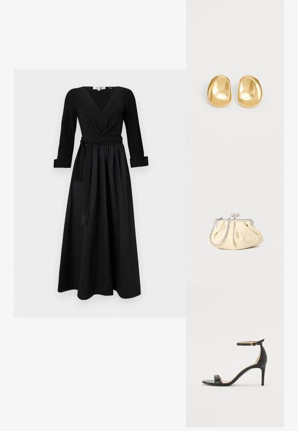 Robe longue noire avec un décolleté en V, des manches longues et une ceinture nouée. Fabriquée en tissu lisse avec une jupe évasée et des manches à poignet.; Sandale à talons hauts en cuir noir avec une lanière de cheville. Présente une texture lisse, un bout ouvert et un talon fin. Détail de boucle en ton doré.; Pochette en cuir beige plissé avec un cadre en métal argenté, dotée de deux fermoirs ronds décoratifs et d'une chaîne en argent.; Boucles d'oreilles en forme de clou de couleur or, avec une forme lisse et arrondie et une surface réfléchissante, mettant en avant un design minimaliste sans motifs visibles.