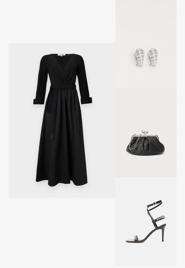 Robe longue noire avec un décolleté en V, des manches longues et une ceinture nouée. Fabriquée en tissu lisse avec une jupe évasée et des manches à poignet.; Sandale noire à talon haut avec fine bride à la cheville, bride médiane décorée de maillons de chaîne argentés, et design à bout ouvert.; Porte-monnaie en cuir noir avec texture froncée, cadre en métal argenté, fermeture à verrouillage kiss-lock et bandoulière en chaîne. Surface lisse et douce.; Boucles d'oreilles en clip argentées avec un design en spirale, présentant une texture métallique lisse et des formes arrondies. Pas d'embellissements ou de motifs visibles.