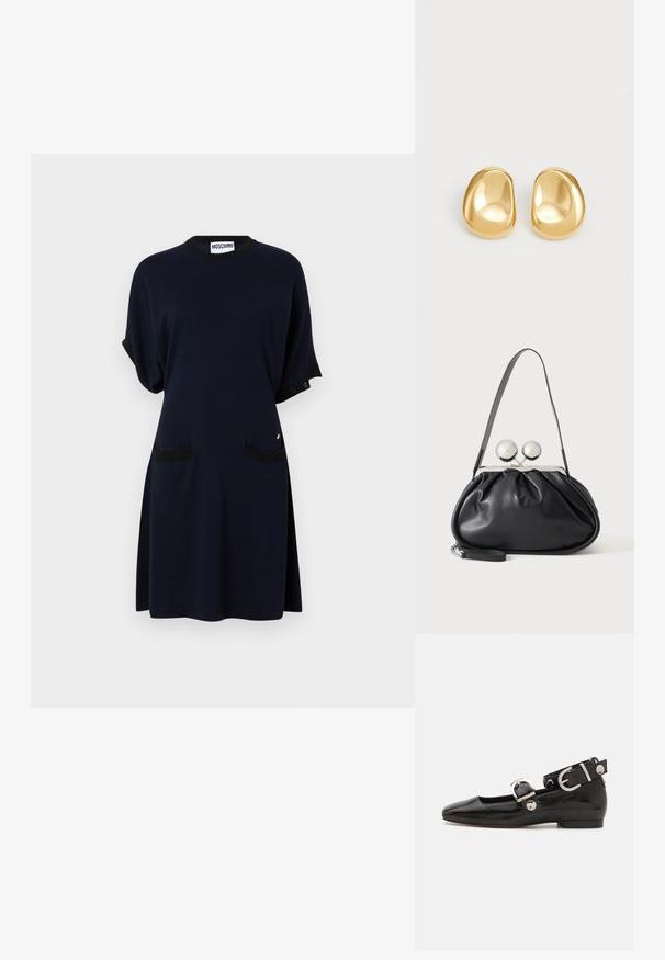 Marineblaues Baumwollkleid mit schwarzen Akzenten, kurzen Ärmeln, zwei Fronttaschen, rundem Ausschnitt und entspanntem Schnitt. Details aus goldenem Metall vorhanden.; Schwarze Lackleder-Ballerina mit eckiger Zehenpartie, Knöchelriemen mit silberner Hardware und flacher Sohle. Glatte Textur mit minimalistischen Design.; Schwarze Ledertasche mit gerafftem Design, einem einzelnen Riemen, silbernem Metallrahmen und zwei großen runden silbernen Verschlüssen.; Goldfarbene Ohrstecker mit einer glatten, runden Form und einer reflektierenden Oberfläche, die ein minimalistisches Design ohne sichtbare Muster zeigen.