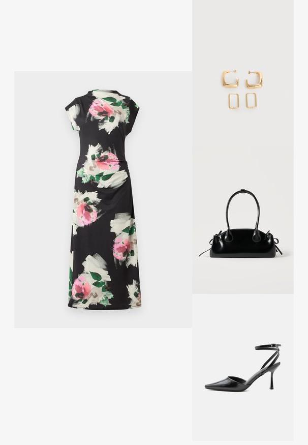 Robe midi noire avec imprimés floraux abstraits rose et blanc, manches courtes et col montant avec fronces latérales.; Escarpin noir à bout pointu avec fines brides de cheville et fermeture à boucle argentée sur fond clair uni.; Petit sac à main noir brillant avec deux longues anses et des détails à cordon sur les côtés sur un fond clair uni.; Deux paires de Boucles d'oreilles créoles géométriques dorées sur une surface blanche unie, une paire carrée et pleine, une paire rectangulaire et creuse.