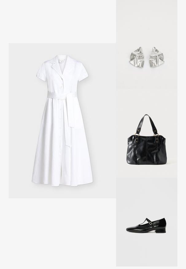 Robe midi blanche à manches courtes avec un col à revers, des boutons sur le devant et une large ceinture en tissu nouée à la taille.; Chaussures Mary Jane en cuir noir avec bout pointu, petit talon carré et bride ajustable avec une boucle argentée. Texture lisse et brillante.; Sac à épaule en cuir noir avec double anses attachées par des anneaux et rivets dorés, surface lisse et légèrement brillante, design simple.; Boucles d'oreilles en métal argenté avec un design ondulé et sculptural, présentant une finition polie et des formes irrégulières, mettant en valeur une esthétique contemporaine.