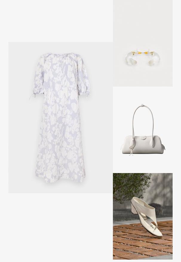 Vestido floral en azul claro de tejido suave, con mangas abullonadas, escote fruncido y detalles de cordón.; Sandalia de tacón de cuero blanco con una tira ancha y separador de dedos, mostrada al aire libre sobre una superficie de madera y baldosas de grava con vegetación al fondo.; Bolso de hombro blanco de Calvin Klein con asas largas, forma rectangular, cierre de cremallera y charm decorativo con el logo colgando cerca del asa.; Pendientes de aro de acrílico transparente con acentos dorados, que presentan un diseño curvado y un cierre transparente. Textura suave, estilo minimalista.