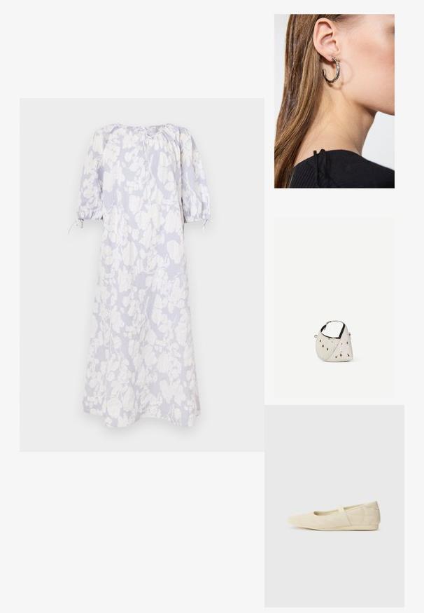 Lichtblauwe bloemenjurk van een zachte stof, met pofmouwen, een geraffineerde halslijn en trekkoorddetails.; Beige ballerina's met een gladde leren buitenkant, amandelvormige punt en elastische band over de wreef, met subtiele stiksels.; Kleine witte handtas met bruine vlekken, afgeronde driehoekige vorm, zwarte binnenvoering en korte verstelbare band met zilveren gesp.; Zilveren oorbel met een gepolijste afwerking, met kleine gouden accentdetails en een ronde vorm, gedragen op de oorlel.