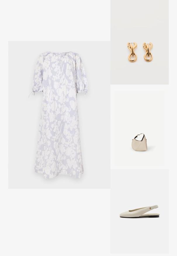 Vestido floral en azul claro de tejido suave, con mangas abullonadas, escote fruncido y detalles de cordón.; Zapato plano slingback de cuero color crema con puntera redondeada y pequeño emblema dorado en la correa.; Bolso de cuero beige en forma de media luna con una sola correa para el hombro y costuras mínimas, colocado sobre un fondo blanco liso.; Par de pendientes de aro con acabado dorado brillante sobre fondo blanco liso, con diseño entrelazado y torsionado.