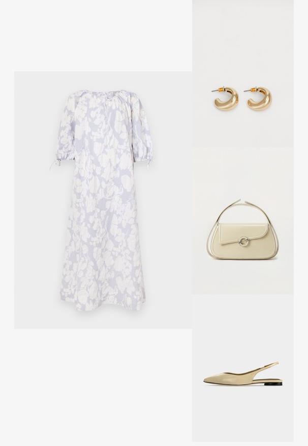 Lys blå blomsterkjole i et blødt stof med pufærmer, en rynket halsudskæring og snørelukninger.; Beige spids tå slingback flad sko med lav sort hæl og en glat læderfinish, vist fra siden på en ensfarvet baggrund.; Cremefarvet læderhåndtaske med buet klap, cirkulært sølvspænde og kort topstrop på en ens hvid baggrund.; To skinnende guldøreringe i et buet design med orange accenter nær stikket, sat mod en enkel hvid baggrund.