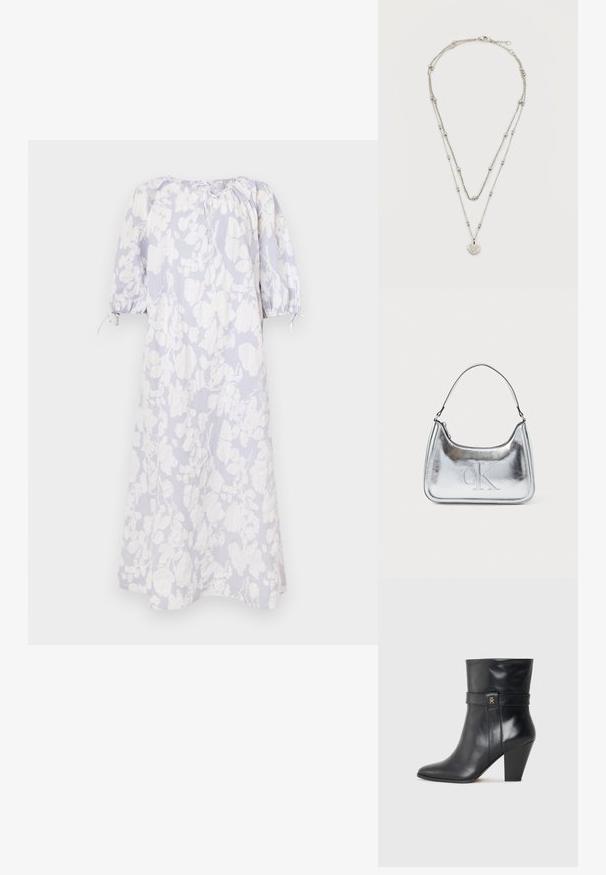 Lys blå blomsterkjole i et blødt stof med pufærmer, en rynket halsudskæring og snørelukninger.; Tommy Hilfiger Højhælede støvletter - black; Sølvmetallic håndtaske med en buet form, lynlåslukning og skulderrem. Har et præget "CK" logo på fronten.; Dobbeltlags sølvkæde med små perler og en hjerteformet vedhæng graveret med "Tommy Hilfiger 1985."