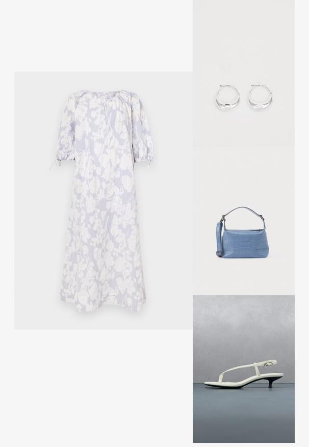 Vestido floral en azul claro de tejido suave, con mangas abullonadas, escote fruncido y detalles de cordón.; Sandalia blanca de tacón kitten con tiras y punta afilada, flotando sobre un suelo de baldosas de madera al aire libre, con un fondo desenfocado de plantas y pared.; Bolso azul claro con relieve de cocodrilo, asa corta y correa de hombro desmontable. Textura lisa con cierre de cremallera.; Pendientes de aro de plata con un acabado pulido y la marca DKNY, exhibidos sobre un fondo blanco liso.