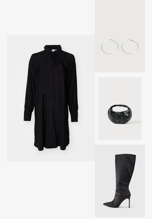 Vestido negro de mangas largas con cuello atado, parte delantera abotonada y mangas con pliegues, hecho de una tela ligera con una textura suave.; Bota negra hasta la rodilla con tacón de aguja, hecha de material liso y elegante; punta puntiaguda; ajuste ceñido con un sutil fruncido cerca del tobillo; tacón brillante.; Bolso de mano de cuero negro con forma redondeada, decorado con detalles de tachuelas plateadas y un asa corta. Textura lisa y cierre con cremallera.; Pareja de pendientes de aro plateados brillantes con cierres de alambre delgado, mostrados sobre un fondo gris claro.