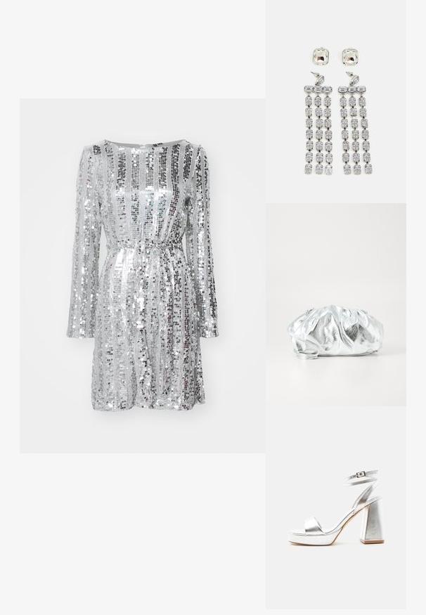 Silbernes Pailletten-Kleid mit langen Ärmeln, strukturiertem Oberteil und Bindegürtel. Es hat abwechselnde vertikale und horizontale Paillettenmuster.; Silberne metallic High-Heel-Sandale mit Knöchelriemen, Blockabsatz und offenem Zehenbereich auf einfachem hellem Hintergrund.; Metallisch silberne Clutch-Tasche mit einem weichen, gerafften Körper und einem dünnen Schultergurt. Sie verfügt über eine glatte, glänzende Textur und eine abgerundete Form.; Kristall-Ohrringe mit silberfarbener Hardware, die einen quadratischen Stecker und kaskadierende Reihen von rechteckigen und achteckigen Kristallen aufweisen.