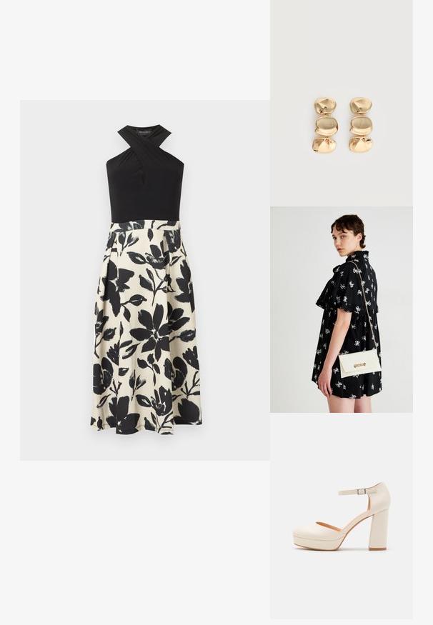 Haut noir sans manches à col licou avec un détail croisé, associé à une jupe taille haute blanche ornée de grandes impressions florales noires.; Talons compensés de couleur crème avec un bout rond et une bride de cheville réglable. Présente un talon épais avec une légère accent en bois.; Robe noire avec des motifs de nœuds blancs, manches courtes, volants aux épaules. Pochette blanche avec chaîne en or et fermoir, tenue dans la main droite.; Boucles d’oreilles pendantes ton or avec trois segments irréguliers, lisses et arrondis empilés verticalement sur un fond clair uni.