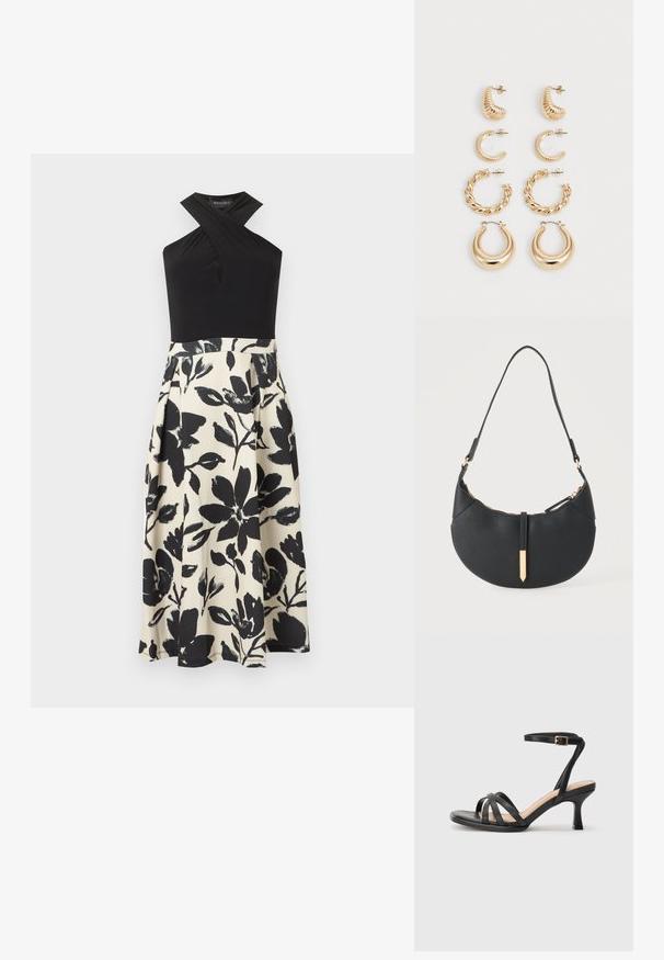 Haut noir sans manches à col licou avec un détail croisé, associé à une jupe taille haute blanche ornée de grandes impressions florales noires.; Sandales à talons noirs avec plusieurs fines lanières sur le bout, une seule lanière à la cheville avec une boucle dorée, et un bout carré.; Sac à main noir en forme de croissant avec une bandoulière unique, une fermeture éclair dorée et une languette décorative rectangulaire dorée à l'avant.; Ensemble de cinq boucles d'oreilles en or, avec des designs variés : surfaces torsadées, striées et lisses en formes de créoles et de croissants.