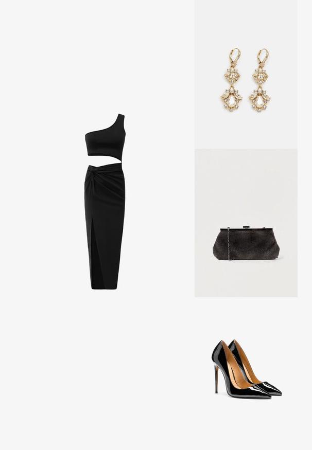 Zwart twee-delig outfit met een één-schouder crop top en hoge taille rok met een gedraaide detail en een zijsplit. Glad materiaal.; Een paar glanzende zwarte lakleren pumps met puntige neus, naaldhakken en een beige binnenvoering op een witte achtergrond.; Zwarte mesh clutchbag met een gestructureerde silhouette, versierd met kleine metalen studs, heeft een sluiting met een klapmechanisme en een afneembare kettingriem.; Gouden hangoorbellen met een clusterontwerp, versierd met ronde en druppelvormige heldere kristallen, die zich kenmerken door ingewikkelde details.