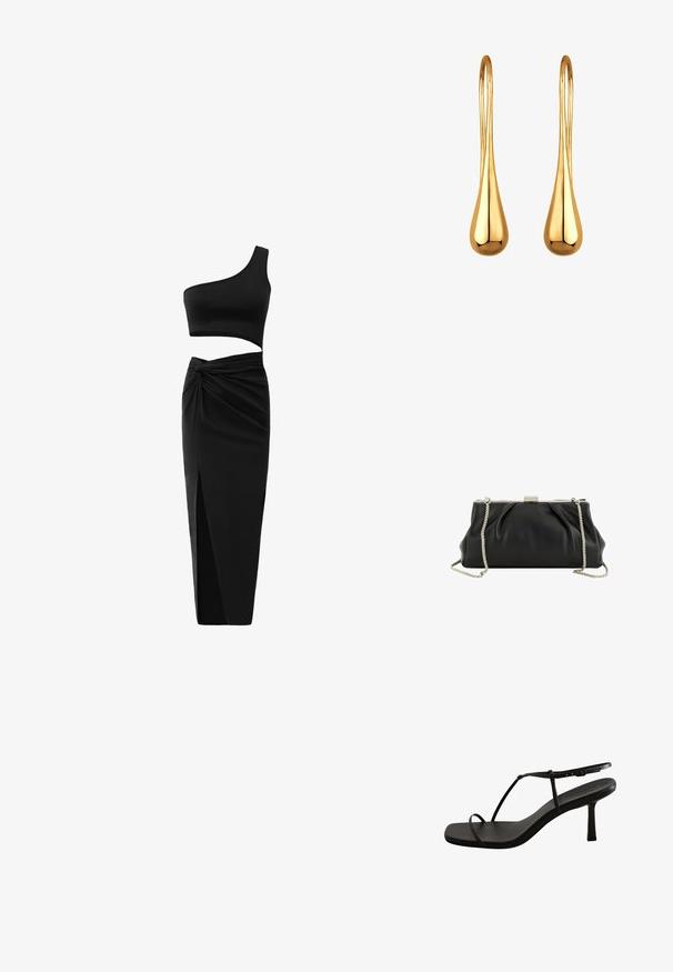 Sort todelt tøj sæt bestående af en en-skulder crop top og en højtaljet nederdel med tvistet detalje og sideslids. Glat stof.; Sort hvid sandal med firkantet tå og tynde stropper. Har en tilspidset, mellem-høj hæl og en glat, mat finish.; Sort blødt læder clutch med sølv metalramme og aftagelig sølv kæderem på hvid baggrund.; Guld dråbeøreringe med en glat, poleret overflade. Designet har en lang, slank form og en elegant krumning nær toppen.