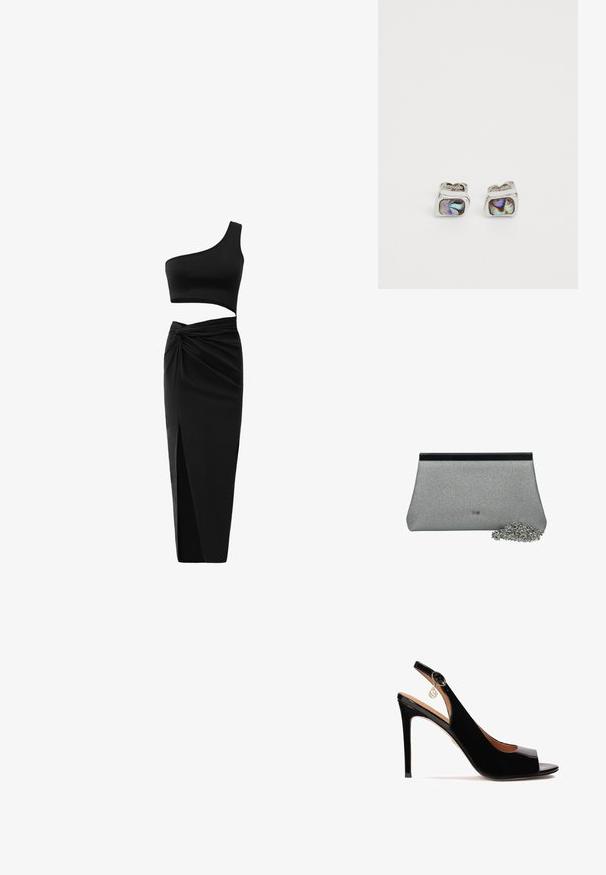Zwart twee-delig outfit met een één-schouder crop top en hoge taille rok met een gedraaide detail en een zijsplit. Glad materiaal.; Zwarte gepatenteerde leren slingback hoge hak schoen met open teen, gebogen ontwerp en decoratieve gouden charme op de hak, met een gladde textuur.; Zilverkleurige glinsterende clutch met zwarte bovenrand en afneembare zilveren ketting, klein logodetail in het midden aan de voorkant.; Zilveren cufflinks met rechthoekige iriserende inlegstukken van abalone schelp op een plain witte achtergrond.