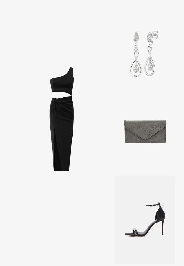 Sort todelt tøj sæt bestående af en en-skulder crop top og en højtaljet nederdel med tvistet detalje og sideslids. Glat stof.; Sort satin højhælet sandal med en slank rem, ankelspænde og dekorativ rhinsten-detalje på tåremmen.; Sort stof clutch med tekstureret naglemønster og kuvertlukning, der har en slank rektangulær form og ingen synlig hardware.; Sølvøreringe med et buet design, et bladmotiv og en dråbeform, dekoreret med små klare ædelstene for glans.