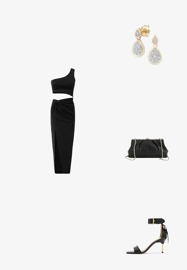 Sort todelt tøj sæt bestående af en en-skulder crop top og en højtaljet nederdel med tvistet detalje og sideslids. Glat stof.; Sort læder hæl sandal med firkantet tå, ankelrem med en guldbuckle og en slank metallisk hæl. Glat tekstur, minimalistisk design.; Sort blødt læder clutch med sølv metalramme og aftagelig sølv kæderem på hvid baggrund.; Dråbeøreringe med en guldramme og sølvdetaljer, prydet med flere små, runde glitrende sten i et dekorativt mønster.