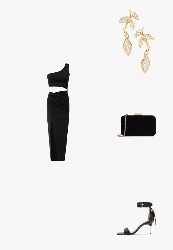 Conjunto negro de dos piezas que incluye un top corto de un solo hombro y una falda de cintura alta con un detalle retorcido y una abertura lateral. Tejido suave.; Sándal de tacón de cuero negro con punta cuadrada, correa en el tobillo con hebilla dorada y un tacón metálico esbelto. Textura suave, diseño minimalista.; Clutch de terciopelo negro con herrajes en tono dorado, de forma rectangular y con correa de cadena, que presenta una textura suave y sin patrones visibles.; DIAMANT L'ÉTERNEL Pendientes - gold coloured