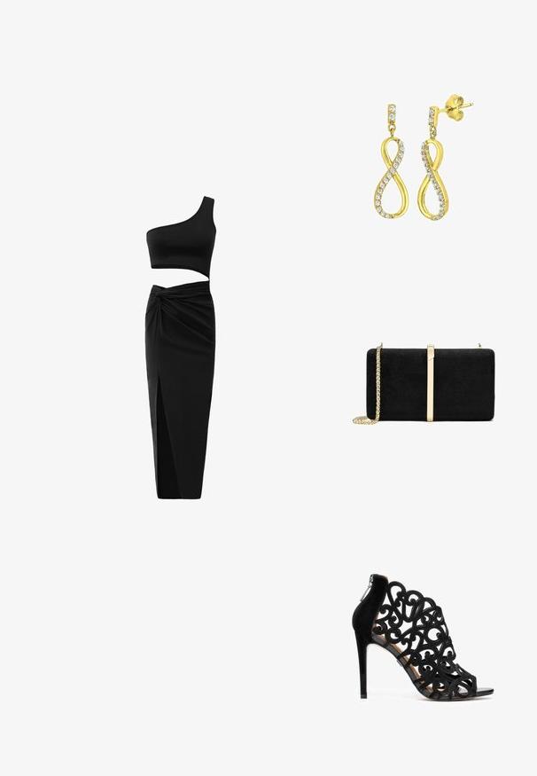 Sort todelt tøj sæt bestående af en en-skulder crop top og en højtaljet nederdel med tvistet detalje og sideslids. Glat stof.; Sort højhælet sko med indviklet udskæringsdesign, lavet af ruskind og læder. Har en lynlåslukning bagpå og åben tå.; Sort ruskind clutchtaske med en glat rektangulær form, med en guldfarvet metalaccent og en kædestrop.; Guldtonede øreringe formet som et stiliseret uendelighedssymbol, prydet med klare, rundslibede krystaller langs kanterne. Med stiftlukning.