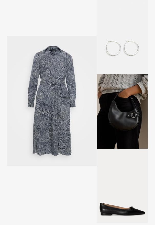 Pitkähihainen mekko tummansinisellä valkoisella paisley-kuviolla, jossa on kaulus ja sidottava vyö säätömahdollisuudella.; Mustaa nahkaa oleva matala kenkä, kärkiosa terävä ja päälliosa pieni rusetti, matala korko ja beige vuori sisällä.; Henkilö pukeutuneena harmaaseen palmikkoneulepaitaan ja mustiin housuihin, pidellen pientä mustaa nahkalaukkua hopeanvärisellä solkiosalla.; Hopeista valmistetut korvaketjut, joissa on sileä ja pyöreä muotoilu, ohut profiili ja varma lukko. Minimalistinen tyyli kiillotetulla pinnalla.