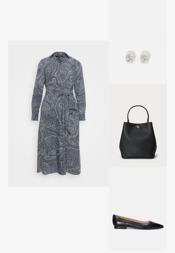 Pitkähihainen mekko tummansinisellä valkoisella paisley-kuviolla, jossa on kaulus ja sidottava vyö säätömahdollisuudella.; Musta nahkainen ballet-kengät, joissa on terävä kärki, matala korko ja kultainen yksityiskohta korkolapussa. Sujuva pinta klassisella siluetilla.; Musta keinonahkainen olkipussi, jossa on teksturoitu pinta, kaareva muoto ja kullanvärinen logo edessä. Varustettu kahdella tukevalla kahvalla.; Hopeakärkiset nappikorvakorut, joissa on kierrettävä solmumuotoilu ja kiillotettu pinta sekä läpinäkyvät takapalat.