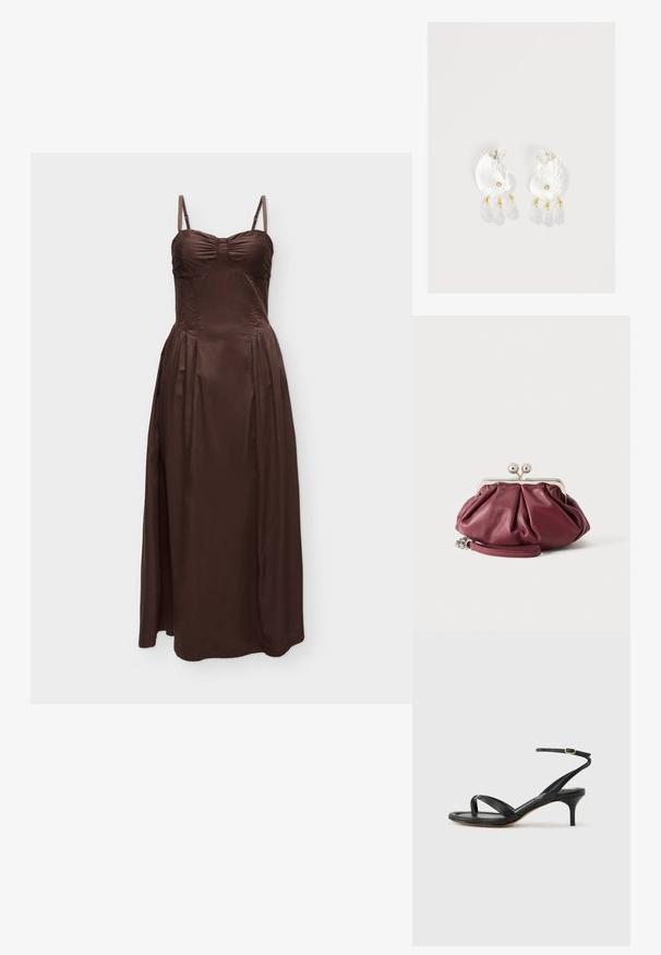 Robe marron en satin à fines bretelles avec un bustier froncé et une longue jupe fluide sur un fond uni.; Sandale pour femme en cuir noir avec fines lanières, une boucle d'orteil, une boucle à la cheville et un talon aiguille de hauteur moyenne sur un fond neutre.; Petite pochette en cuir bordeaux avec fermoir en métal argenté et bracelet pour poignet sur fond blanc.; Boucles d'oreilles en résine transparente en forme de coquillage avec de petits accents dorés et trois breloques translucides en forme de goutte pendantes sur chaque boucle d'oreille.