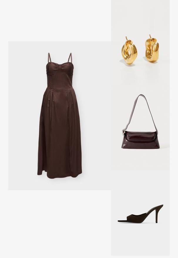 Robe marron en satin à fines bretelles avec un bustier froncé et une longue jupe fluide sur un fond uni.; Mule en daim noir à bout ouvert, talon haut et fin, design slip-on, vue de profil sur un fond uni.; Sac à bandoulière en cuir bordeaux foncé avec fermeture à rabat et une fine sangle réglable, présenté sur un fond clair uni.; Boucles d'oreilles créoles en or massif avec un design tubulaire légèrement tordu et des fermoirs à tige sur un fond blanc.
