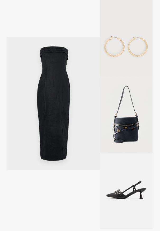 Sort strapless kjole med en tætsiddende silhuet, struktureret stof og en yderst plejet halsudskæring. Midi-længde med en glat overflade.; Simmi London DALA - Pumps - black; Sort ruskind bucket-taske med guldnitter, justerbare læderstropper og guldfarvede hardware-detaljer, vist mod en enkel lys baggrund.; Par af guldfarvede teksturerede hoop-øreringe med tynde stifter på en hvid baggrund.