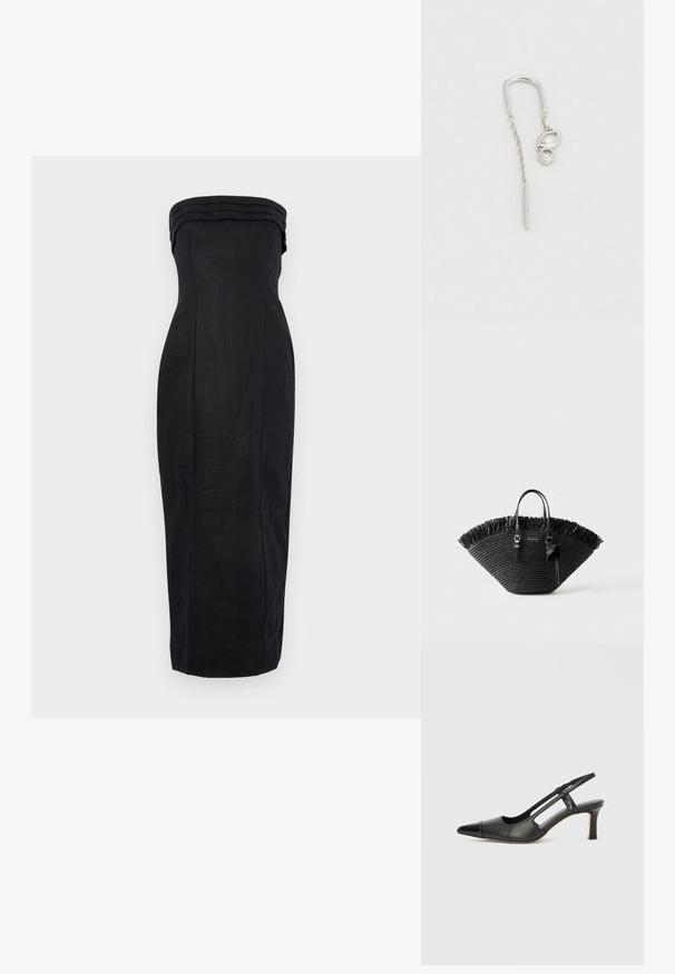 Sort strapless kjole med en tætsiddende silhuet, struktureret stof og en yderst plejet halsudskæring. Midi-længde med en glat overflade.; Sort læder slingback-sko med spids tå, der har en blank accent på tåhætten og en mellemhøj hæl. Åben sidesektion.; Sort vævet tote-taske med bred blæserform, frynset øverste kant, to håndtag og en dekorativ sløjfe på det ene håndtag.; Sølvørering med et buet design, der har en kædeophæng og en glat, rund accentering. Overfladen ser poleret og reflekterende ud.