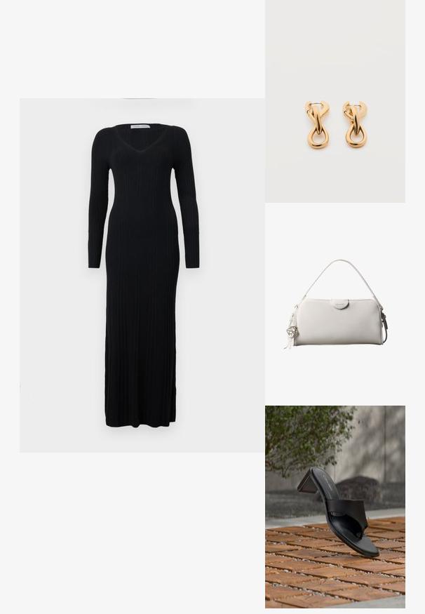 Langärmeliges schwarzes Rippkleid mit V-Ausschnitt und figurbetonter Silhouette, das bis zu den Knöcheln reicht. Das Material zeigt eine vertikale Textur.; Schwarze Calvin Klein Sandale mit Absatz und Zehenschlaufe auf einem Holzkachelfußboden im Freien neben einem Baum und einer Steinmauer.; Weiße rechteckige Calvin Klein Handtasche mit einem einzelnen Henkel, minimalistischem Design und dekorativen Quasten mit geometrischem Metallanhänger an der Seite.; Paar glänzende goldfarbene Creolen mit verschlungenem, verdrehtem Design auf schlichten weißem Hintergrund.