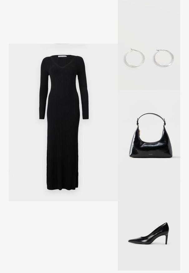Langärmeliges schwarzes Rippkleid mit V-Ausschnitt und figurbetonter Silhouette, das bis zu den Knöcheln reicht. Das Material zeigt eine vertikale Textur.; Schwarzer Lederhochschuh mit spitzem Zehenbereich, glatter Textur und schmalem Absatz. Minimalistisches Design, keine zusätzlichen Verzierungen.; Schwarze, glänzende Calvin Klein Handtasche mit goldfarbenem Reißverschluss und kurzem Trageriemen vor schlichtem weißem Hintergrund.; Silberne Metallcreolen mit glatter, leicht gebogener Oberfläche und Klappverschluss vor schlicht weißem Hintergrund.